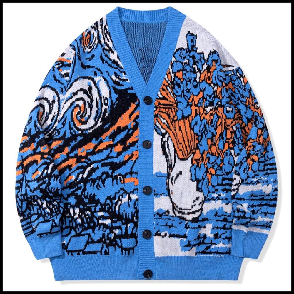Van Gogh Art-Inspired Cardigan, V-Neck Button-Up, Cotton Blend Knit, Loose Fit